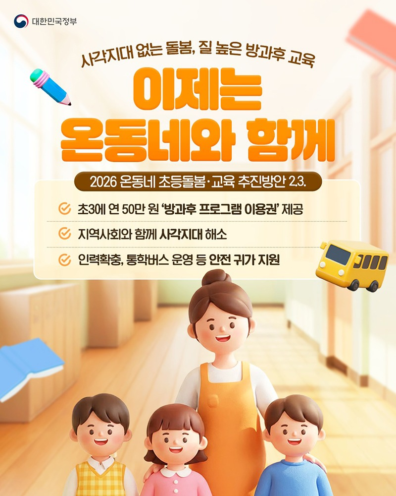 사각지대 없는 돌봄, 질 높은 방과후 교육 이제는 온동네와 함께 - 2026 온동네 초등돌봄·교육 추진방안(2026.2.3.) · 초3에 연 50만 원 '방과후 프로그램 이용권' 제공 · 지역사회와 함께 사각지대 해소 · 인력확충, 통학버스 운영 등 안전 귀가 지원